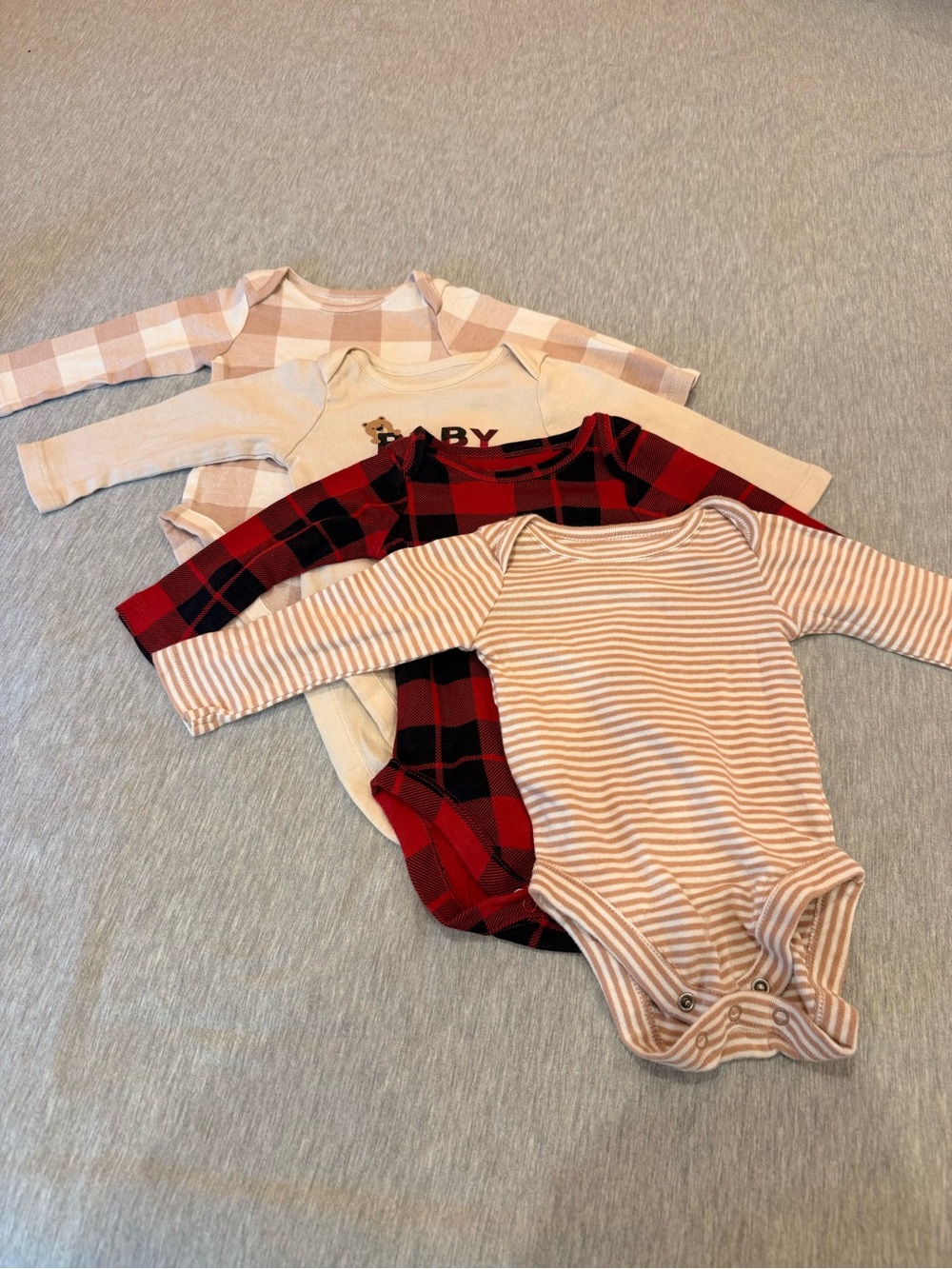 Kids Long-Sleeve One-Piece Bodysuit Pack - Red Plaid & Beige Stripes